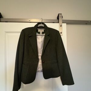 L.L. Bean | Olive Green| Shetland Wool herringbone Blazer with leather buttons